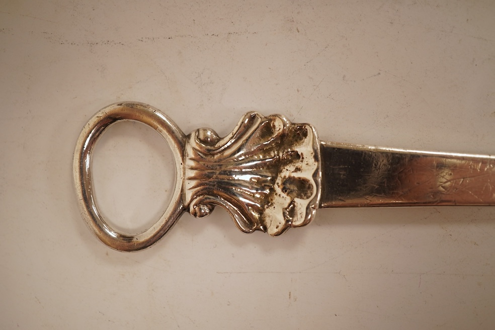 A George III silver meat skewer, with shell terminal and ring handle, Charles Hougham, London, 1780, 26.3cm, together with a George III silver marrow scoop, with engraved crest, Samuel Wintle, London, 1785.